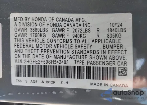 2025 Honda Civic Sport z USA, uszkodzony, nr VIN 2HGFE2F59SH542403
